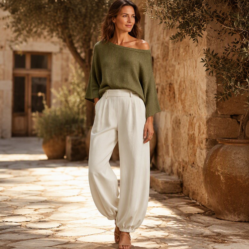 Ensemble pour femme : haut en maille à épaules dénudées et pantalon décontracté