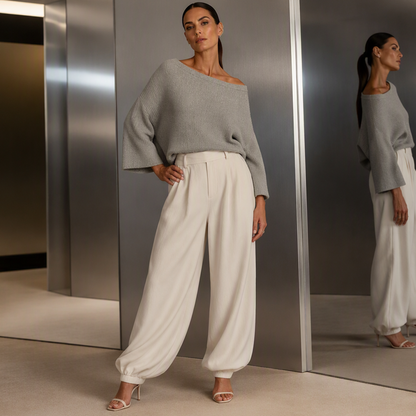 Ensemble pour femme : haut en maille à épaules dénudées et pantalon décontracté