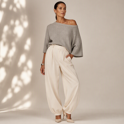 Ensemble pour femme : haut en maille à épaules dénudées et pantalon décontracté