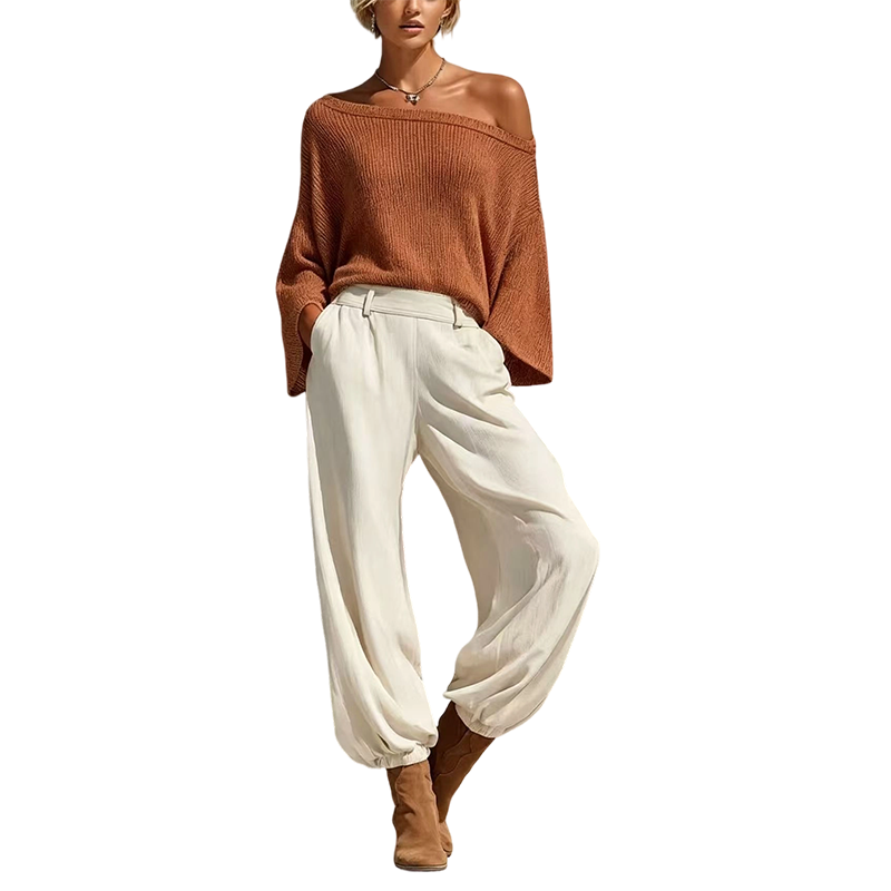 Ensemble pour femme : haut en maille à épaules dénudées et pantalon décontracté
