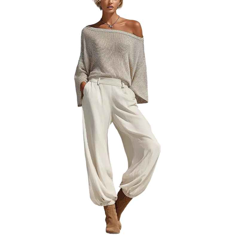 Ensemble pour femme : haut en maille à épaules dénudées et pantalon décontracté
