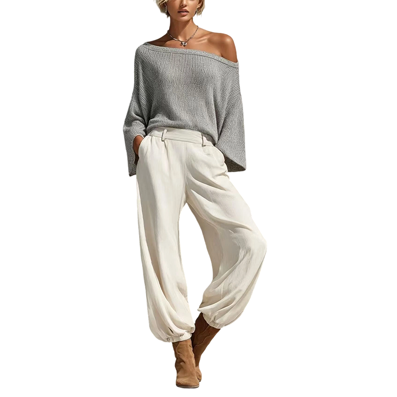 Ensemble pour femme : haut en maille à épaules dénudées et pantalon décontracté