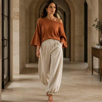 Ensemble pour femme : haut en maille à épaules dénudées et pantalon décontracté