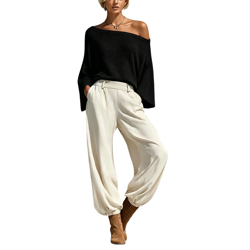 Ensemble pour femme : haut en maille à épaules dénudées et pantalon décontracté