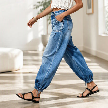 Jeans barrel extensibles taille haute pour femme