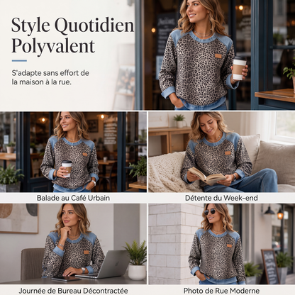 Sweat décontracté à col rond et imprimé léopard pour femme