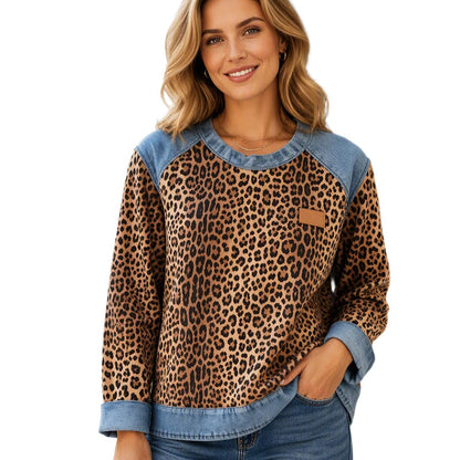 Sweat décontracté à col rond et imprimé léopard pour femme