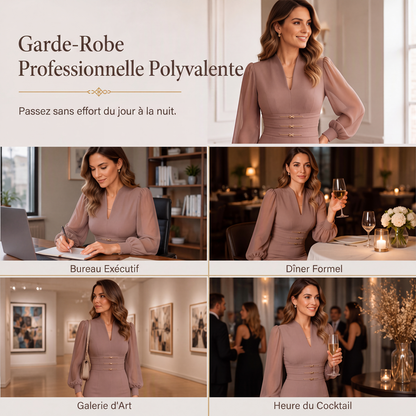 Robe moulante élégante pour femme à col en V et manches évêques