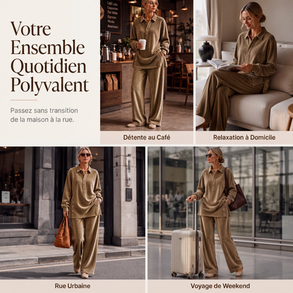 Ensemble chemise à manches longues en velours et pantalon large pour femme