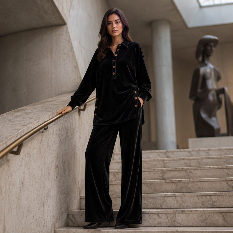 Ensemble chemise à manches longues en velours et pantalon large pour femme