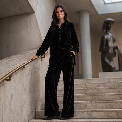 Ensemble chemise à manches longues en velours et pantalon large pour femme