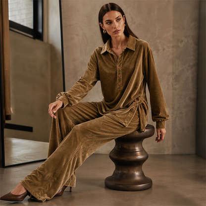Ensemble chemise à manches longues en velours et pantalon large pour femme