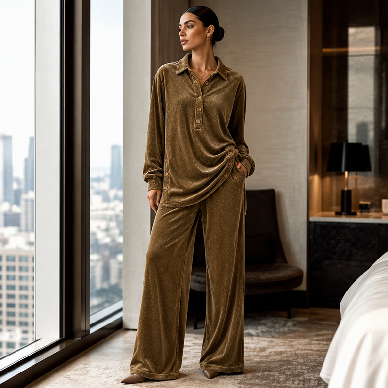 Ensemble chemise à manches longues en velours et pantalon large pour femme