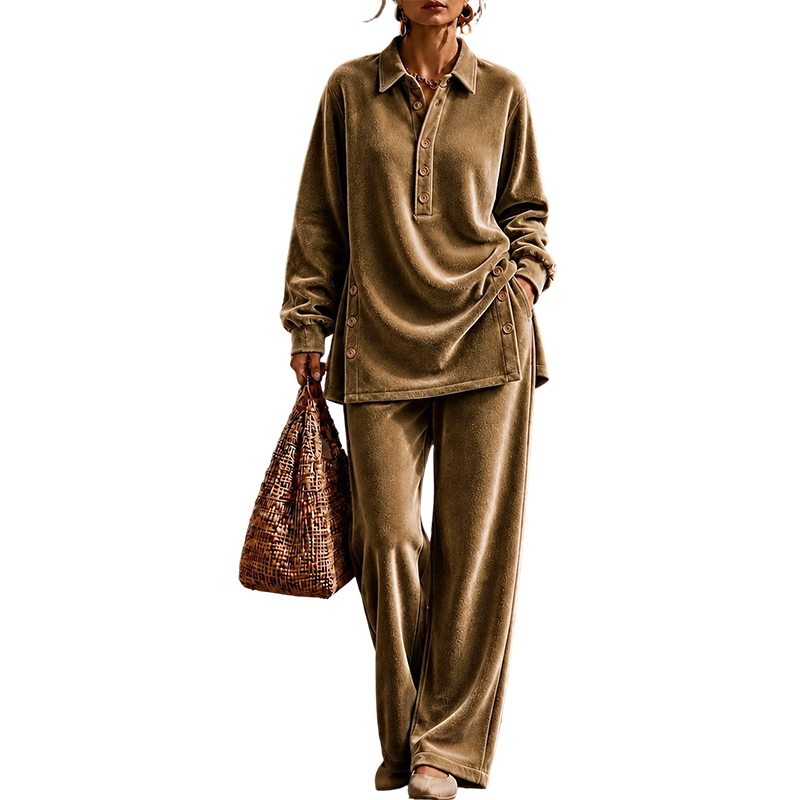 Ensemble chemise à manches longues en velours et pantalon large pour femme