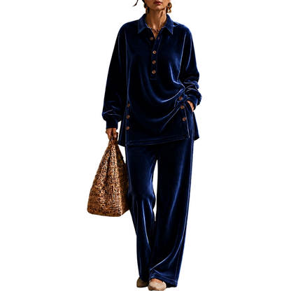 Ensemble chemise à manches longues en velours et pantalon large pour femme