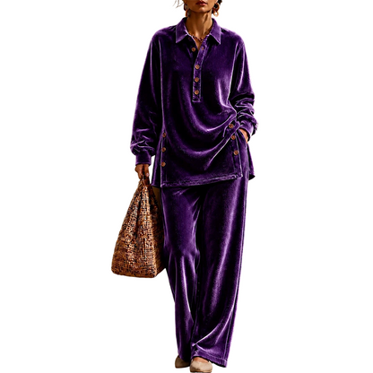 Ensemble chemise à manches longues en velours et pantalon large pour femme