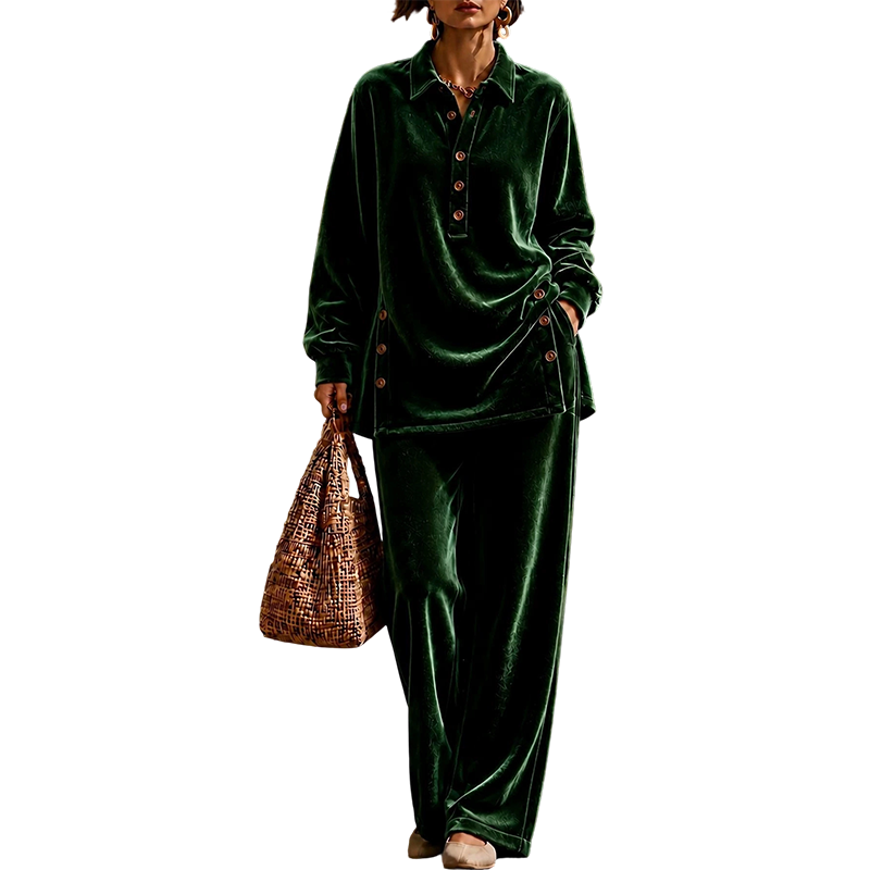 Ensemble chemise à manches longues en velours et pantalon large pour femme