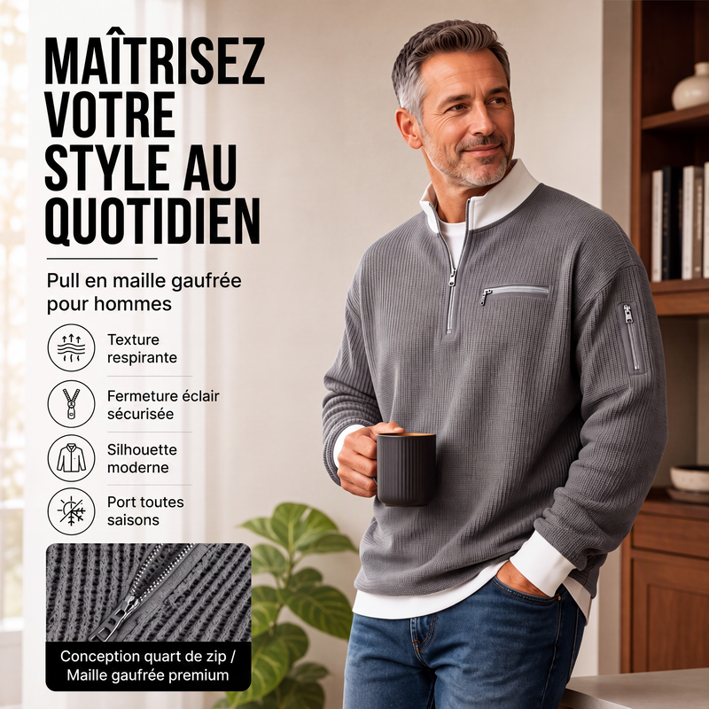 Sweatshirt décontracté pour homme en tissu nid d'abeille avec zip au quart