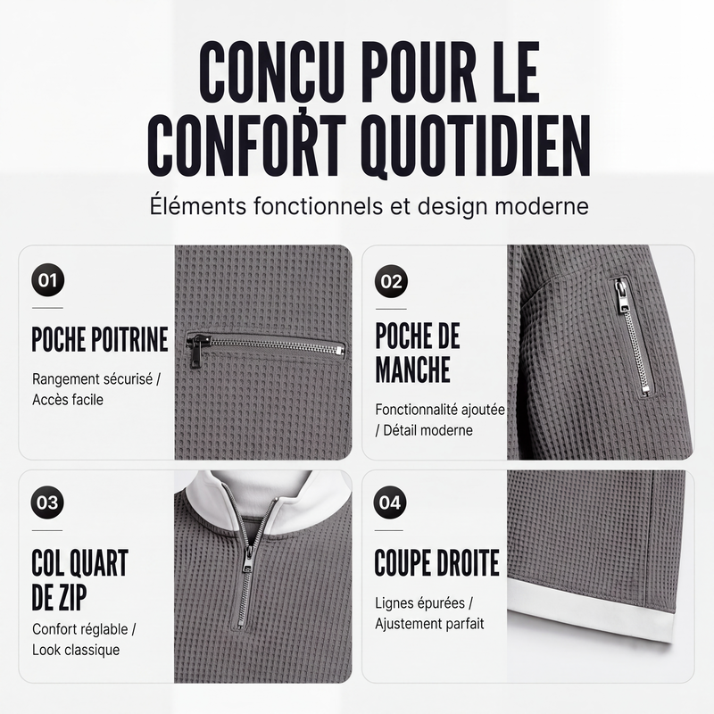 Sweatshirt décontracté pour homme en tissu nid d'abeille avec zip au quart