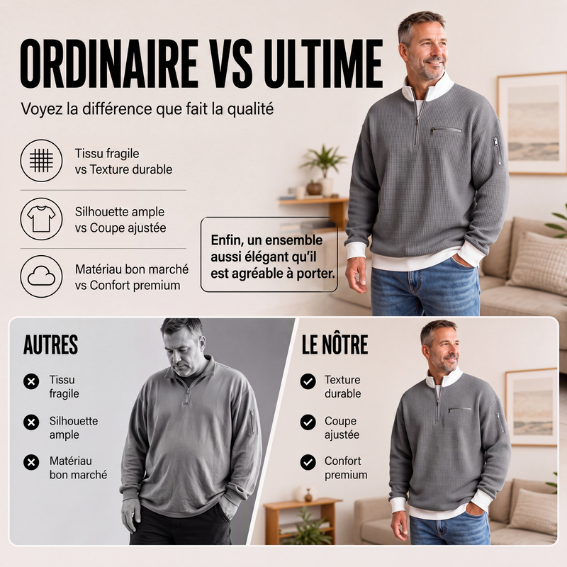 Sweatshirt décontracté pour homme en tissu nid d'abeille avec zip au quart