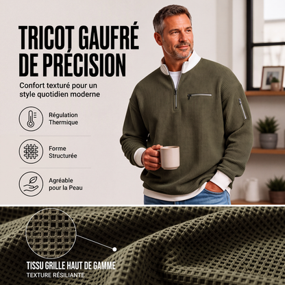 Sweatshirt décontracté pour homme en tissu nid d'abeille avec zip au quart