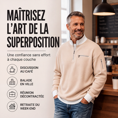 Sweatshirt décontracté pour homme en tissu nid d'abeille avec zip au quart