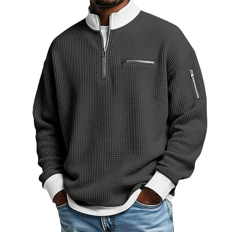Sweatshirt décontracté pour homme en tissu nid d'abeille avec zip au quart
