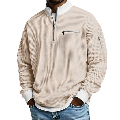 Sweatshirt décontracté pour homme en tissu nid d'abeille avec zip au quart