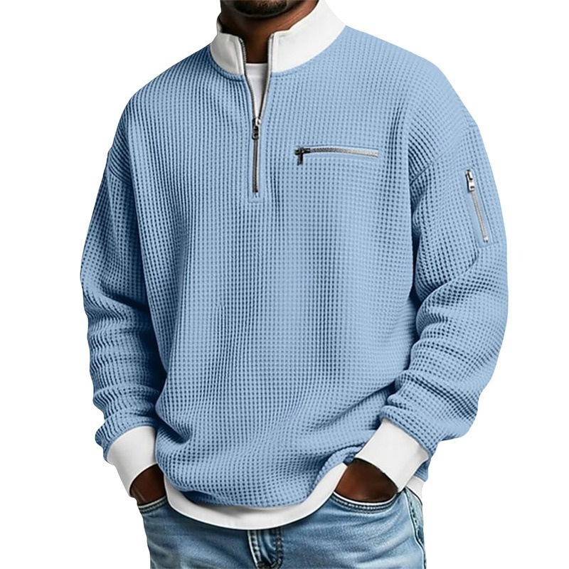 Sweatshirt décontracté pour homme en tissu nid d'abeille avec zip au quart