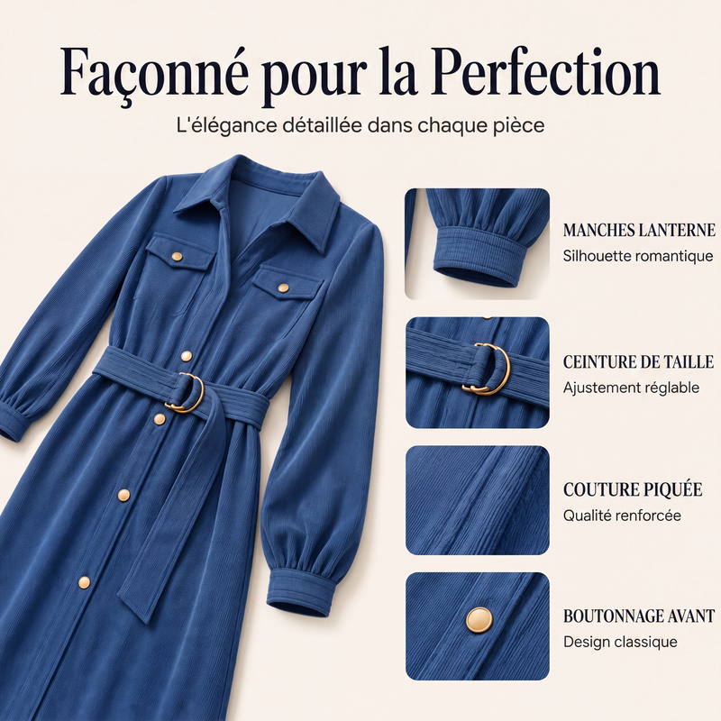 🌸 OFFRE LIMITÉE –50% ! ✨ Robe chemise mi-longue en velours côtelé pour femme avec ceinture
