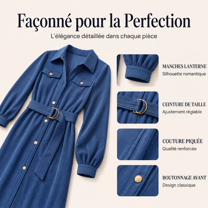 🌸 OFFRE LIMITÉE –50% ! ✨ Robe chemise mi-longue en velours côtelé pour femme avec ceinture