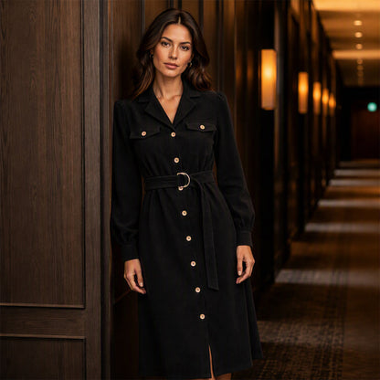 🌸 OFFRE LIMITÉE –50% ! ✨ Robe chemise mi-longue en velours côtelé pour femme avec ceinture