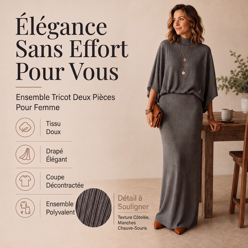 🌸 OFFRE LIMITÉE –50% ! ✨ Ensemble haut à manches chauve-souris et jupe longue pour femme