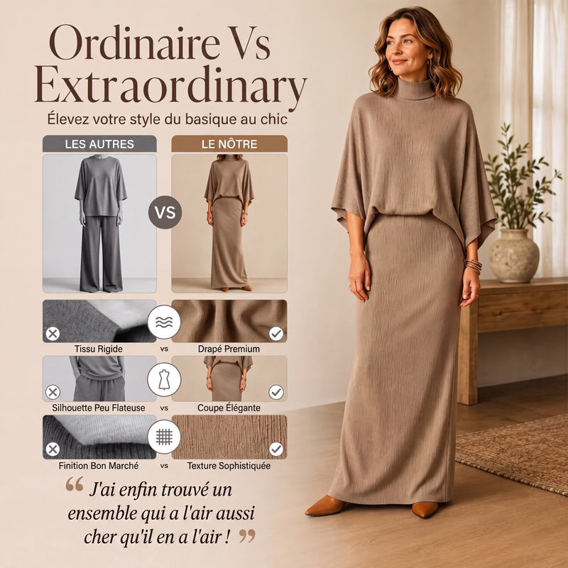 🌸 OFFRE LIMITÉE –50% ! ✨ Ensemble haut à manches chauve-souris et jupe longue pour femme