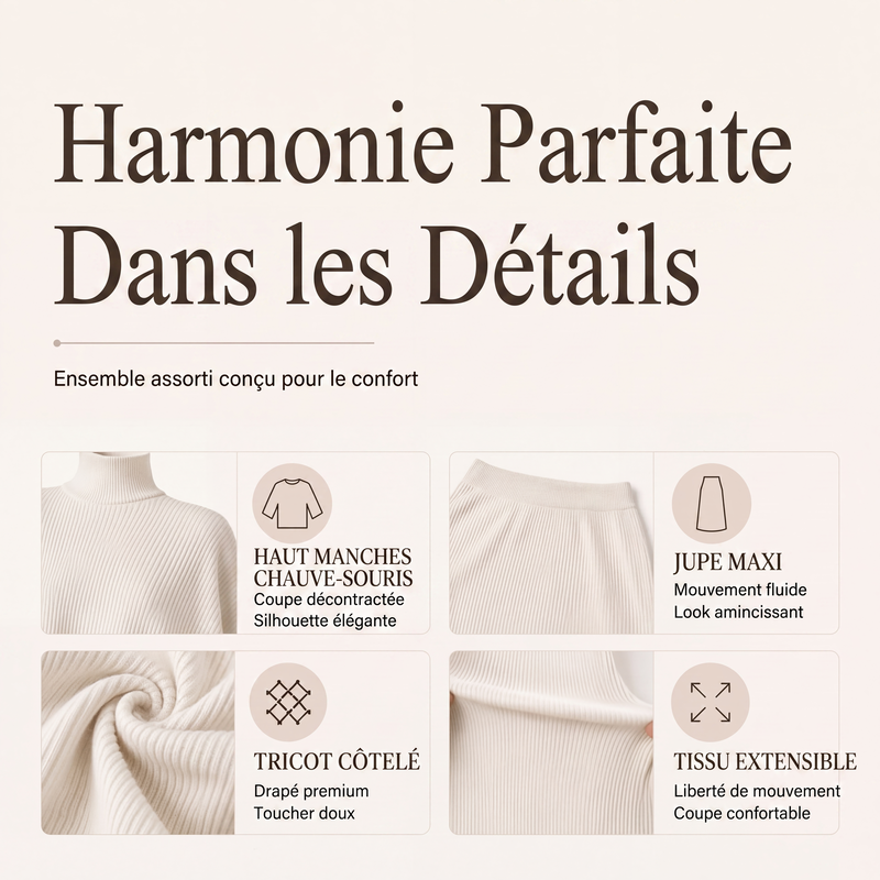 🌸 OFFRE LIMITÉE –50% ! ✨ Ensemble haut à manches chauve-souris et jupe longue pour femme