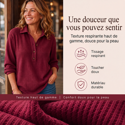 🌙 OFFRE LIMITÉE -50% ! 💕 Haut Henley à manches longues en tricot gaufré pour femme