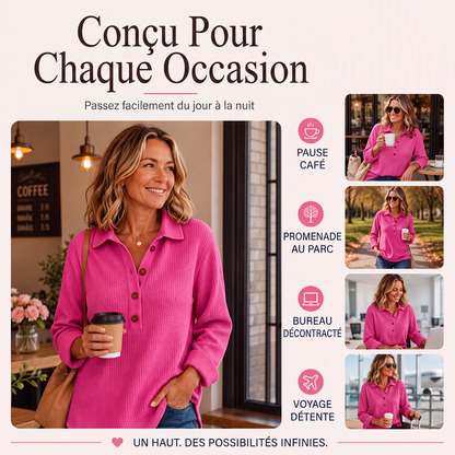 🌙 OFFRE LIMITÉE -50% ! 💕 Haut Henley à manches longues en tricot gaufré pour femme