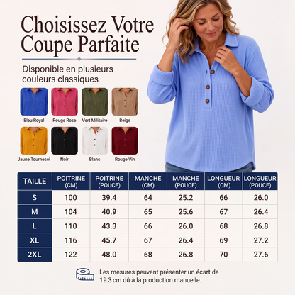 🌙 OFFRE LIMITÉE -50% ! 💕 Haut Henley à manches longues en tricot gaufré pour femme