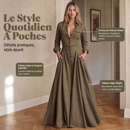 🌙 OFFRE LIMITÉE -50% ! 💕 Robe maxi pour femme à col revers et boutonnée