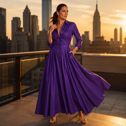 🌙 OFFRE LIMITÉE -50% ! 💕 Robe maxi pour femme à col revers et boutonnée
