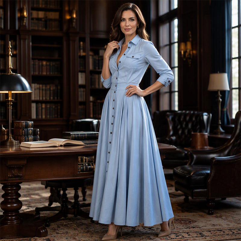 🌙 OFFRE LIMITÉE -50% ! 💕 Robe maxi pour femme à col revers et boutonnée