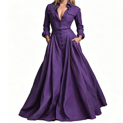 🌙 OFFRE LIMITÉE -50% ! 💕 Robe maxi pour femme à col revers et boutonnée