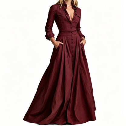 🌙 OFFRE LIMITÉE -50% ! 💕 Robe maxi pour femme à col revers et boutonnée