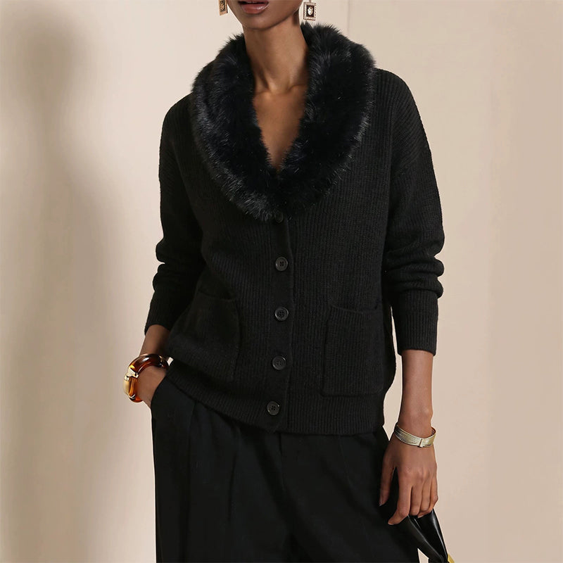 Cardigan en maille à col fourrure pour femme