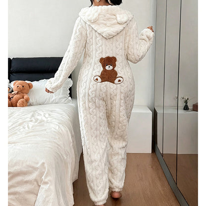 🌙 OFFRE LIMITÉE -50% ! 💕 Pyjama une-pièce à capuche motif ours mignon pour femme