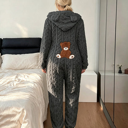 🌙 OFFRE LIMITÉE -50% ! 💕 Pyjama une-pièce à capuche motif ours mignon pour femme