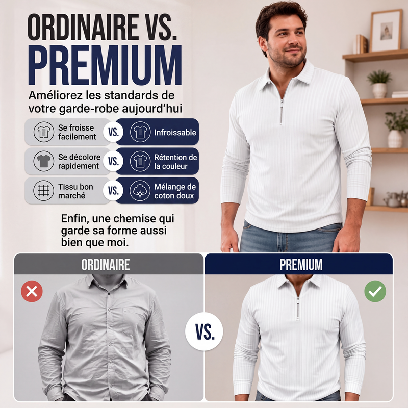 Chemise rayée décontractée pour homme à col quart-zip
