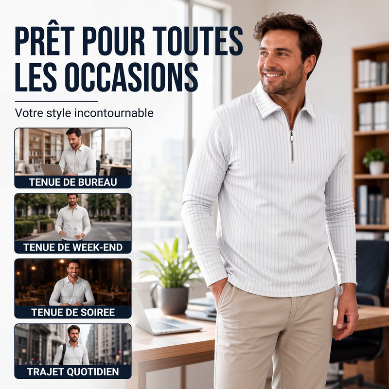 Chemise rayée décontractée pour homme à col quart-zip