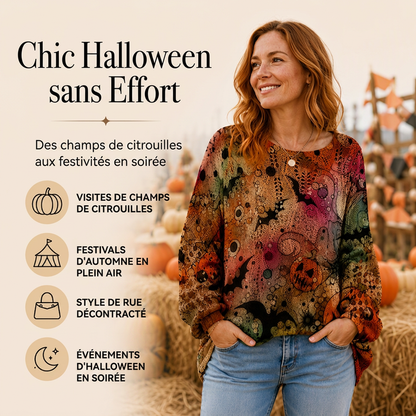 Haut en tricot au crochet avec motif citrouille d'Halloween pour femme