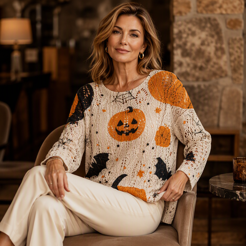 Haut en tricot au crochet avec motif citrouille d'Halloween pour femme